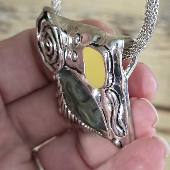 Abalone Pendant Necklace Artsy Artist Made & Yellow Stone Silver Tone Statement - Picture 13 of 15